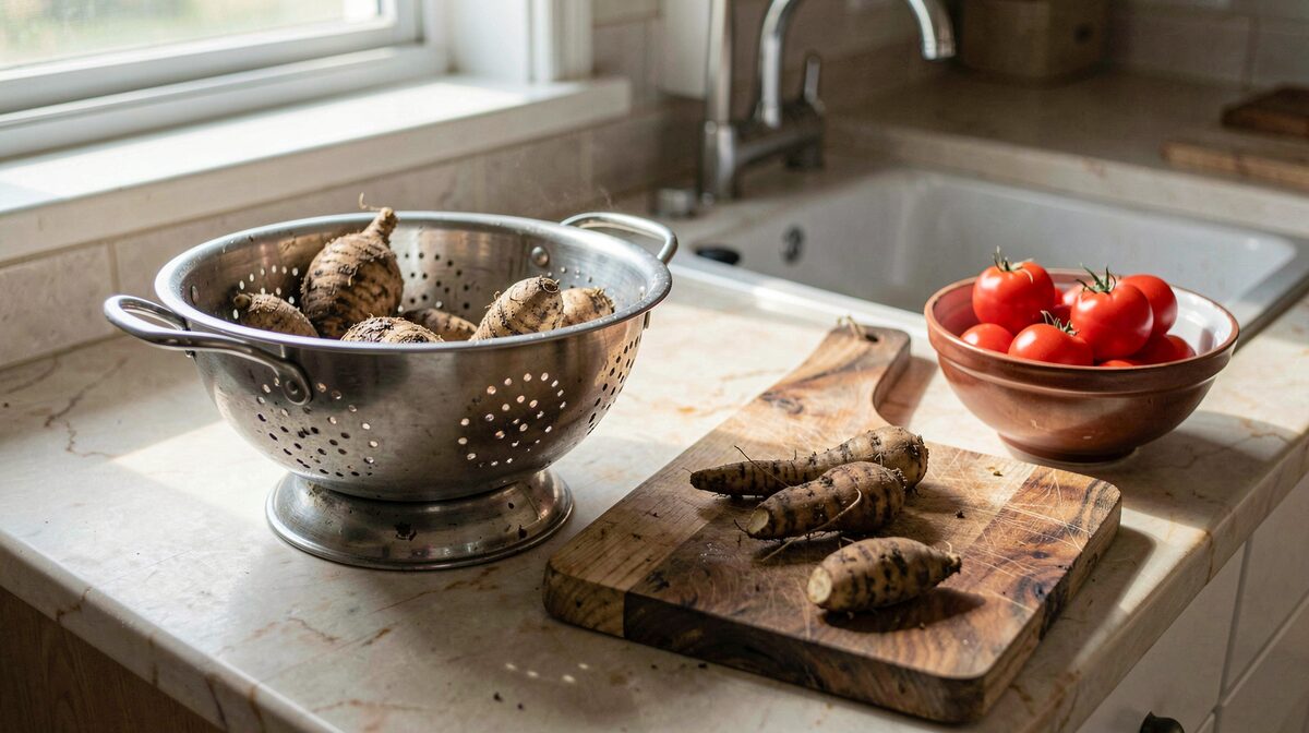 A kitchen counter beside a sink in daylight, with a colander of muddy root vegetables, a wooden board and a bowl of tomatoes, shot from a slight angle with the window light falling across the worktop.