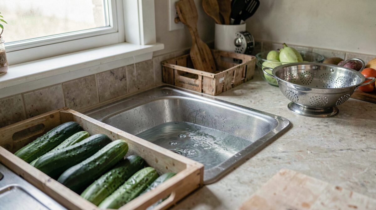 A deep single-bowl kitchen sink filled with water and a crate of cucumbers, a colander on the counter beside it, morning light from a side window, shot from standing height at a slight angle.