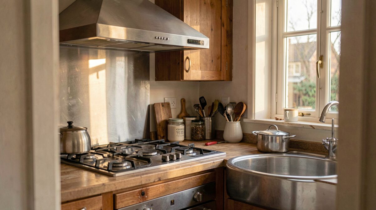 A stainless steel range hood above a gas hob in a working kitchen, a deep sink bowl to the right holding a stockpot, late afternoon light through a window, shot from the doorway at counter height.